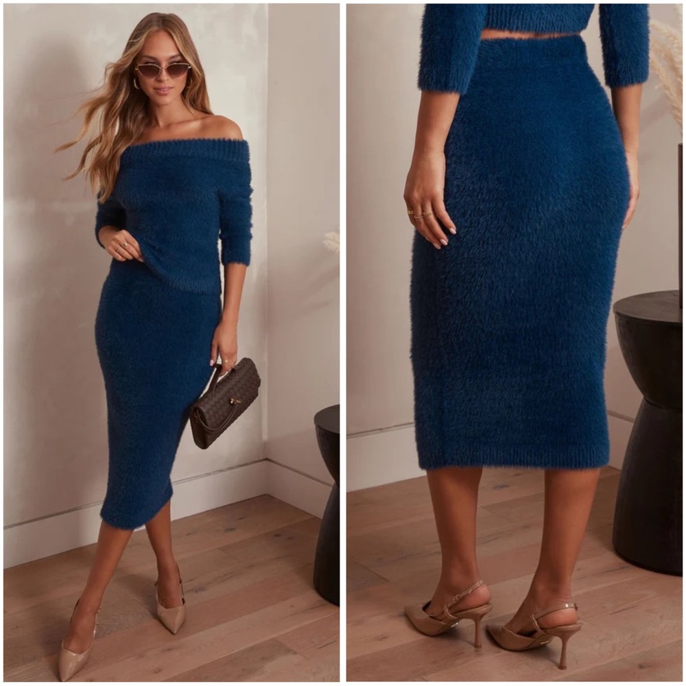 VICI “Melena” SET Fuzzy Blue OTS Sweater Top + Midi Skirt S NWT